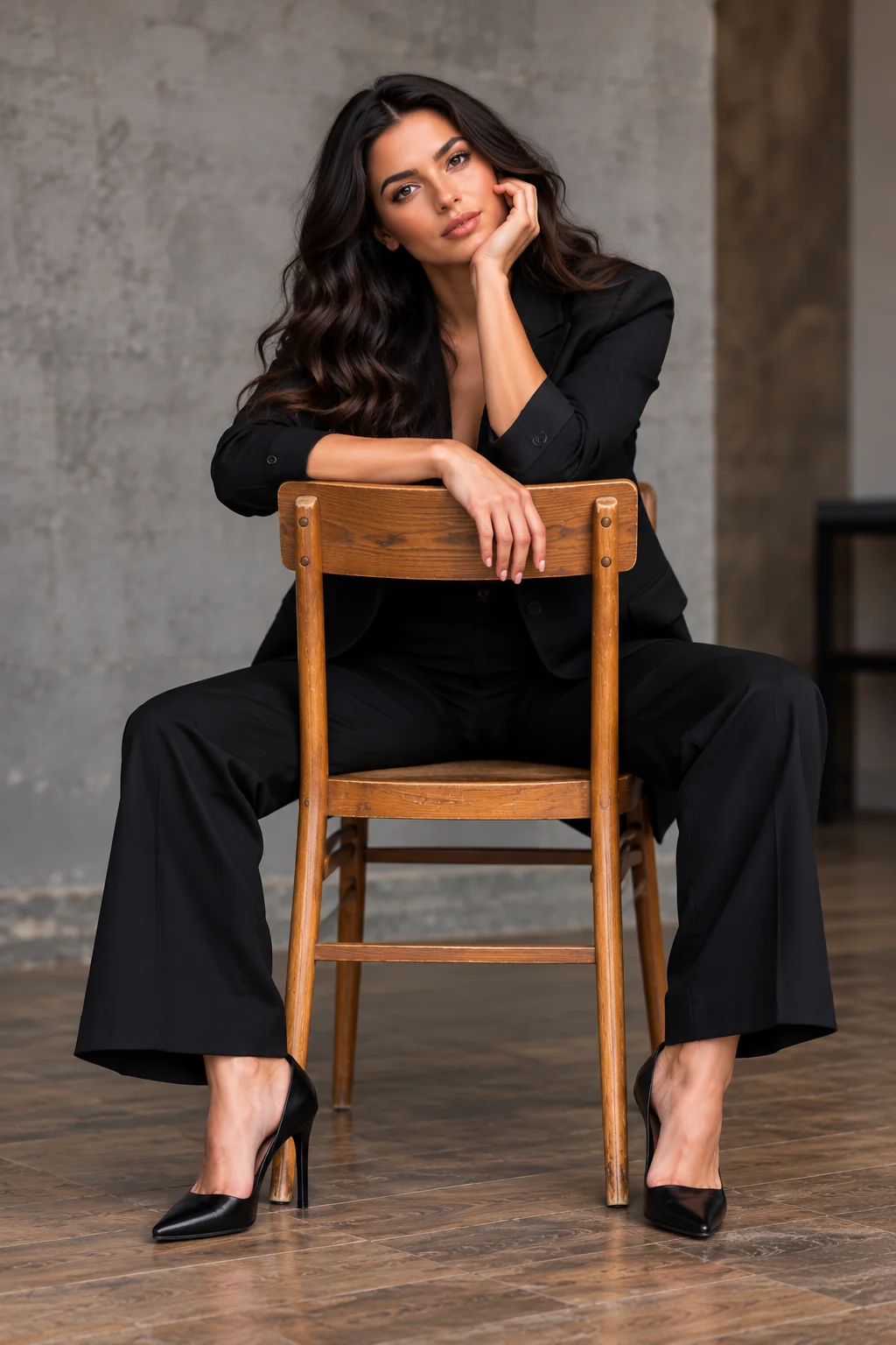 Model demonstrating sideways chair sit pose